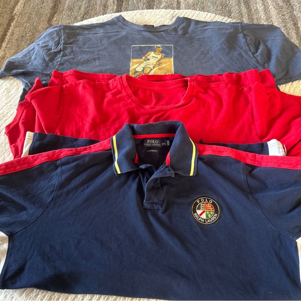 Three polo Ralph Lauren shirts, one photo, red, white and blue, excellent cond.